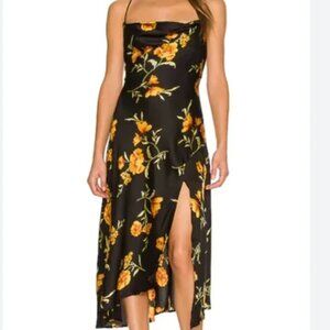 Astr the Label Gaia Floral Black Yellow Poppy Print Midi Slip Dress with Slit